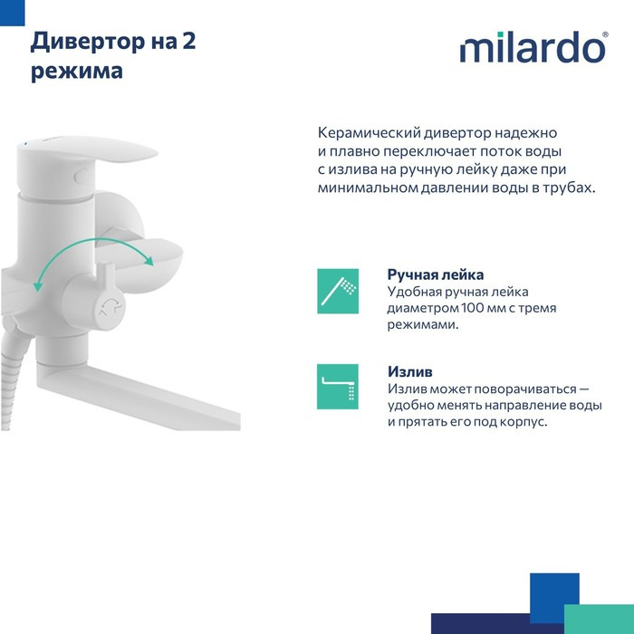 Смеситель для ванны с длинными изливом, белый матовый, Rora, Milardo, RORWT00M10 Смеситель для ванны с длинными изливом, белый матовый, Rora, Milardo, RORWT00M10