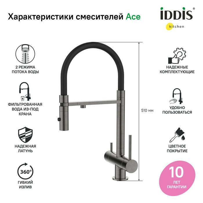 Смеситель для кухни с фильтром и гибким изливом, графит, Ace, IDDIS, ACEGMFFi05 Смеситель для кухни с фильтром и гибким изливом, графит, Ace, IDDIS, ACEGMFFi05