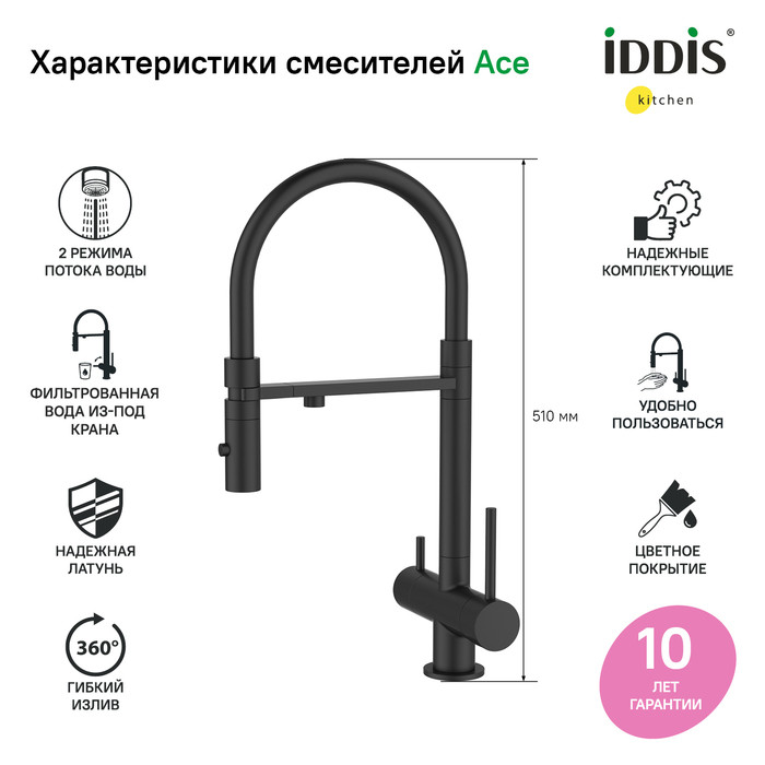 Смеситель для кухни с фильтром и гибким изливом, черный матовый, Ace, IDDIS, ACEBLFFi05 Смеситель для кухни с фильтром и гибким изливом, черный матовый, Ace, IDDIS, ACEBLFFi05