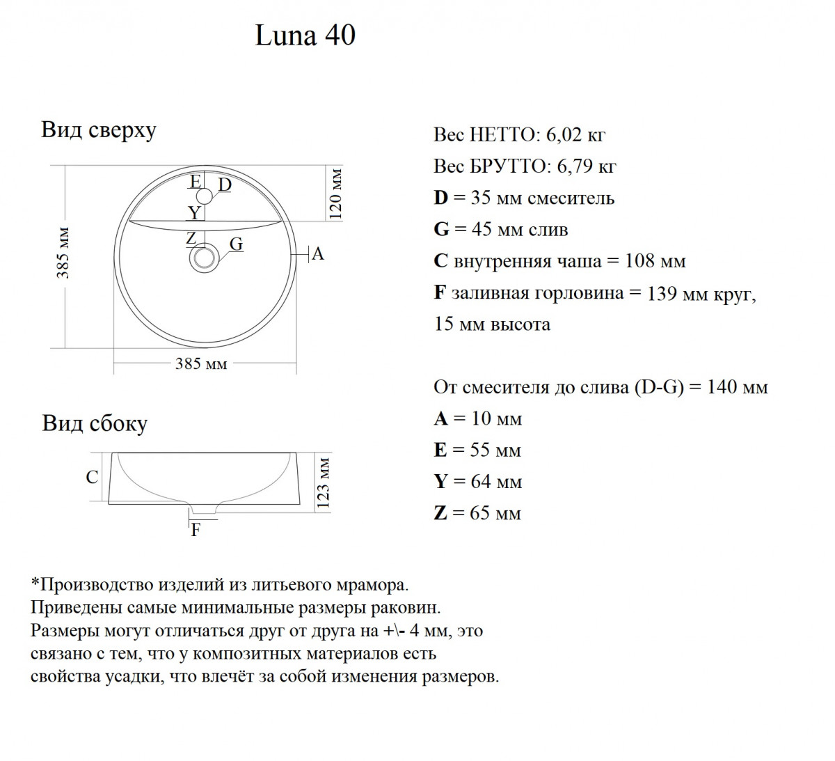 Раковина Luna 40 накладная с отверстием Раковина Luna 40 накладная с отверстием
