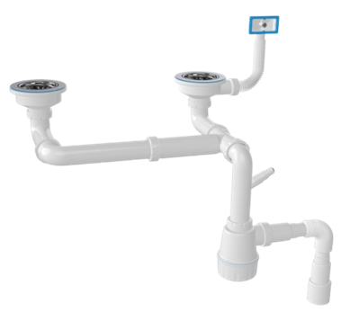 Двойной разноуровневый сифон для мойки с выпуском 3 1/2",с перел,с отвод для стирал маш Двойной разноуровневый сифон для мойки с выпуском 3 1/2",с перел,с отвод для стирал маш