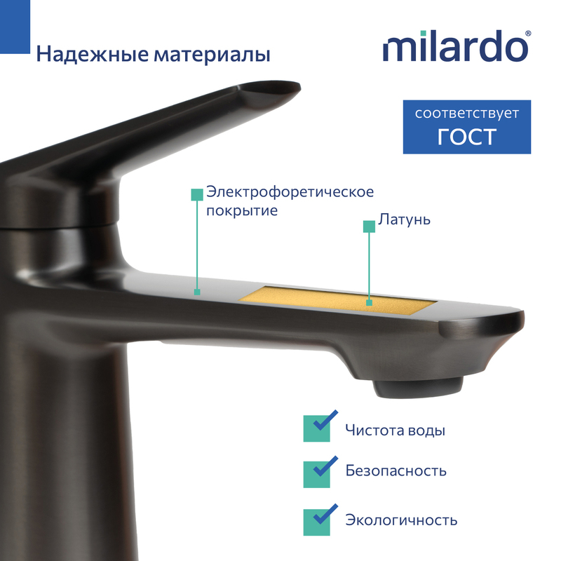 Смеситель для умывальника, графит, Лип (Leap) Milardo Смеситель для умывальника, графит, Лип (Leap) Milardo